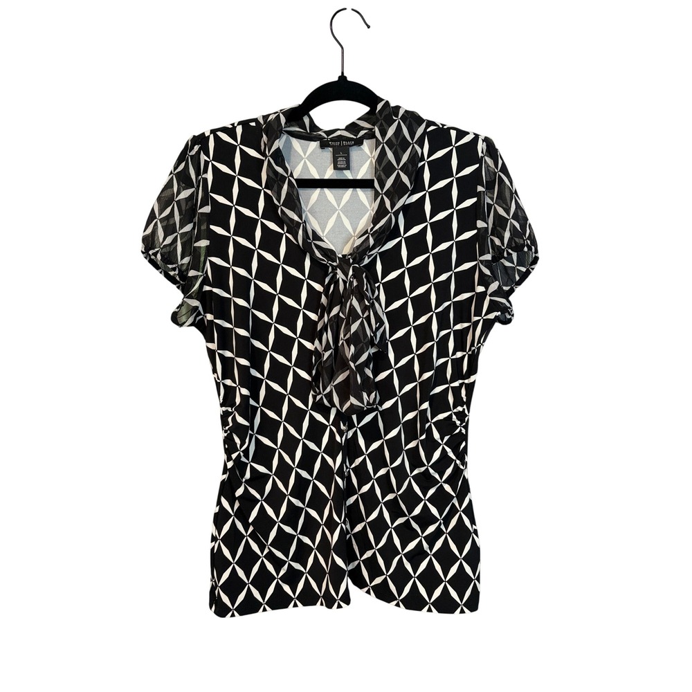 White House Black Market Geometric Tie Neck Blouse Black White Large Chiffon